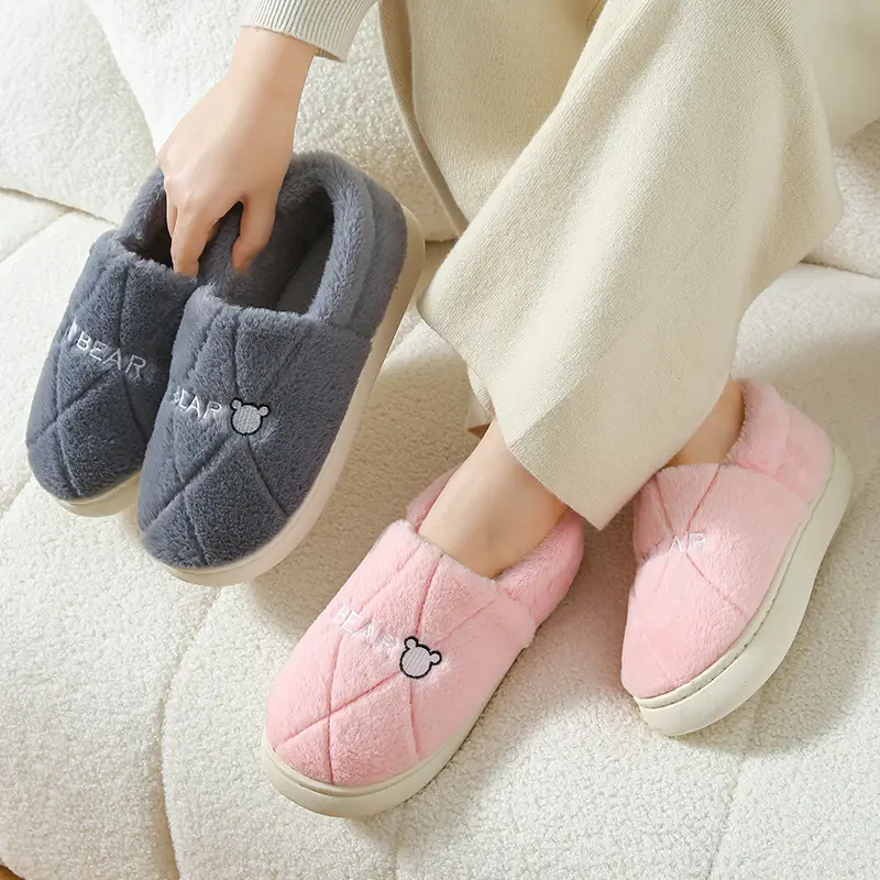 Autumn and Winter Indoor Home Thick-Soled Warm Non-Slip Furry Cotton Shoes Slippers with Bear Head Design for Home Leisure - Image 7