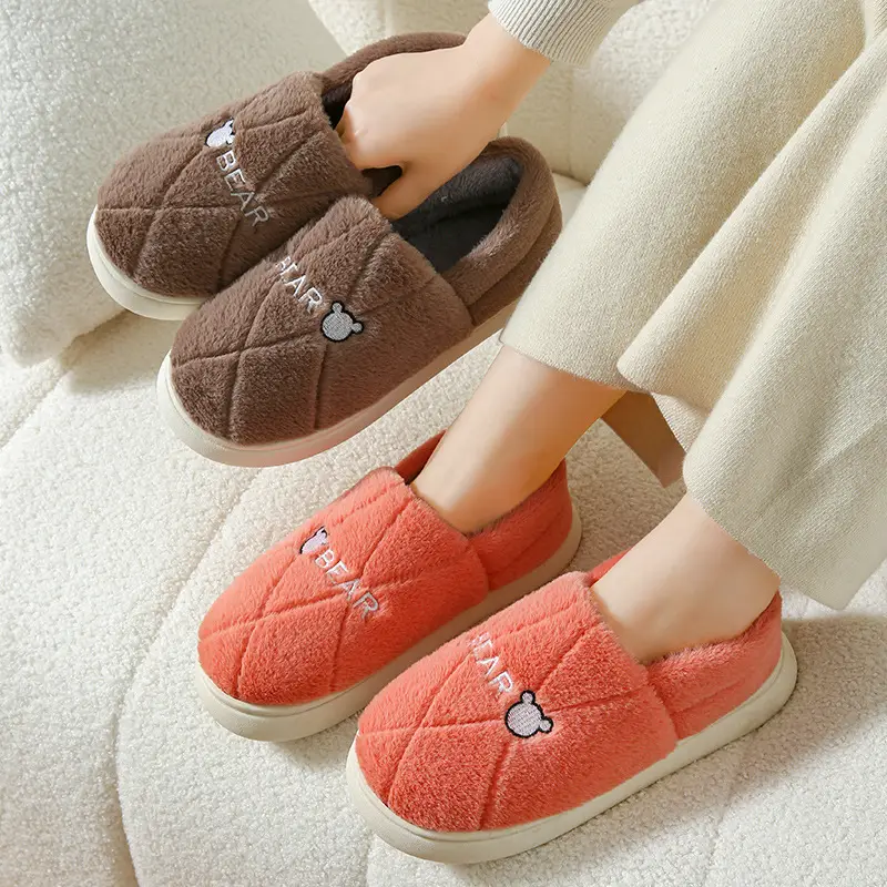 Autumn and Winter Indoor Home Thick-Soled Warm Non-Slip Furry Cotton Shoes Slippers with Bear Head Design for Home Leisure - Image 8
