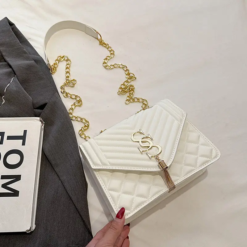 White Quilted SSS Chain Shoulder Bag for Women - Image 2