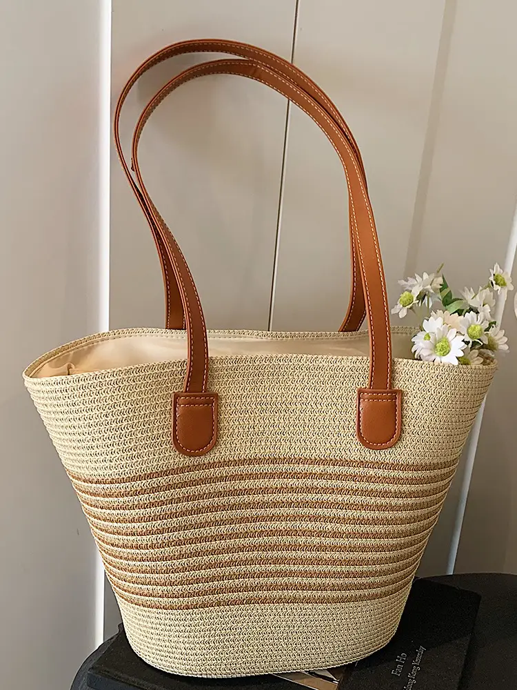Women's Straw Crossbody Bag with Leather Handles