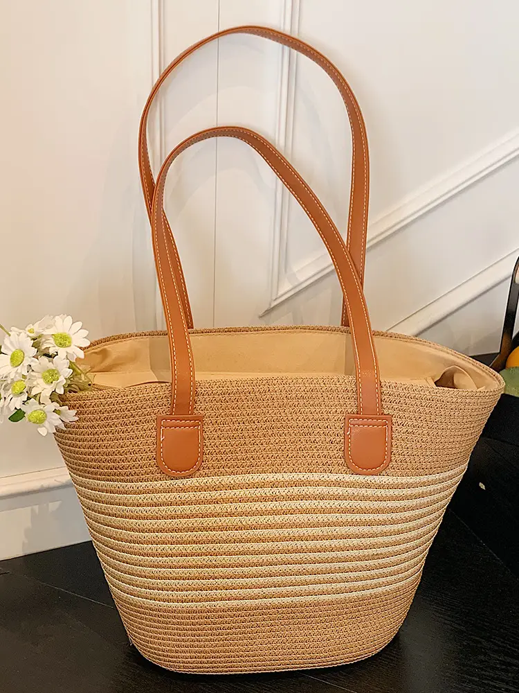 Women's Straw Crossbody Bag with Leather Handles