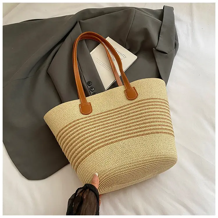 Women's Straw Crossbody Bag with Leather Handles
