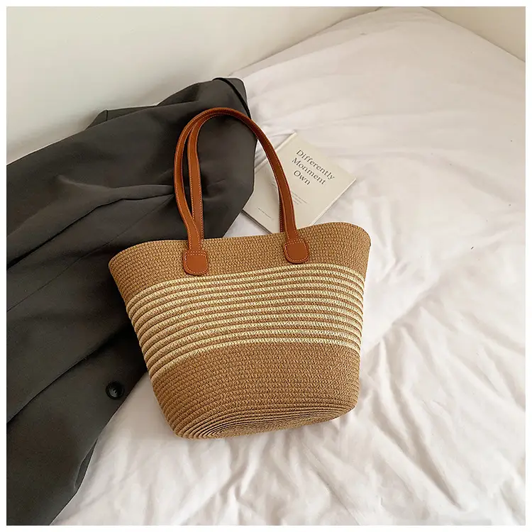 Women's Straw Crossbody Bag with Leather Handles
