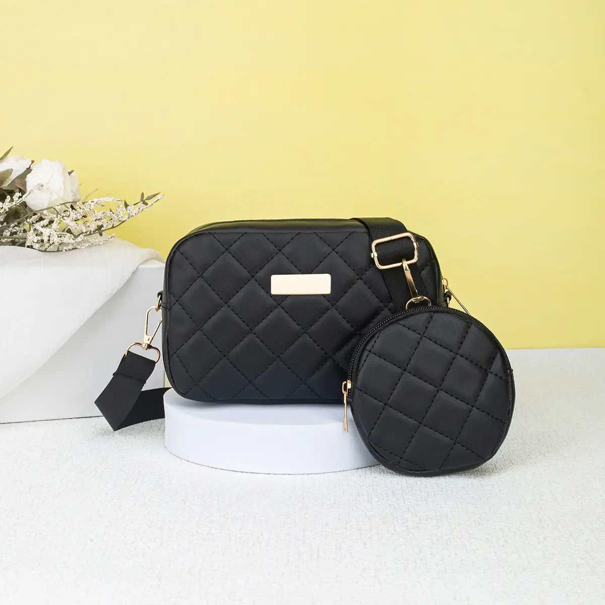 Black Quilted Crossbody Bag with Small Camera Bag Set — feature 1