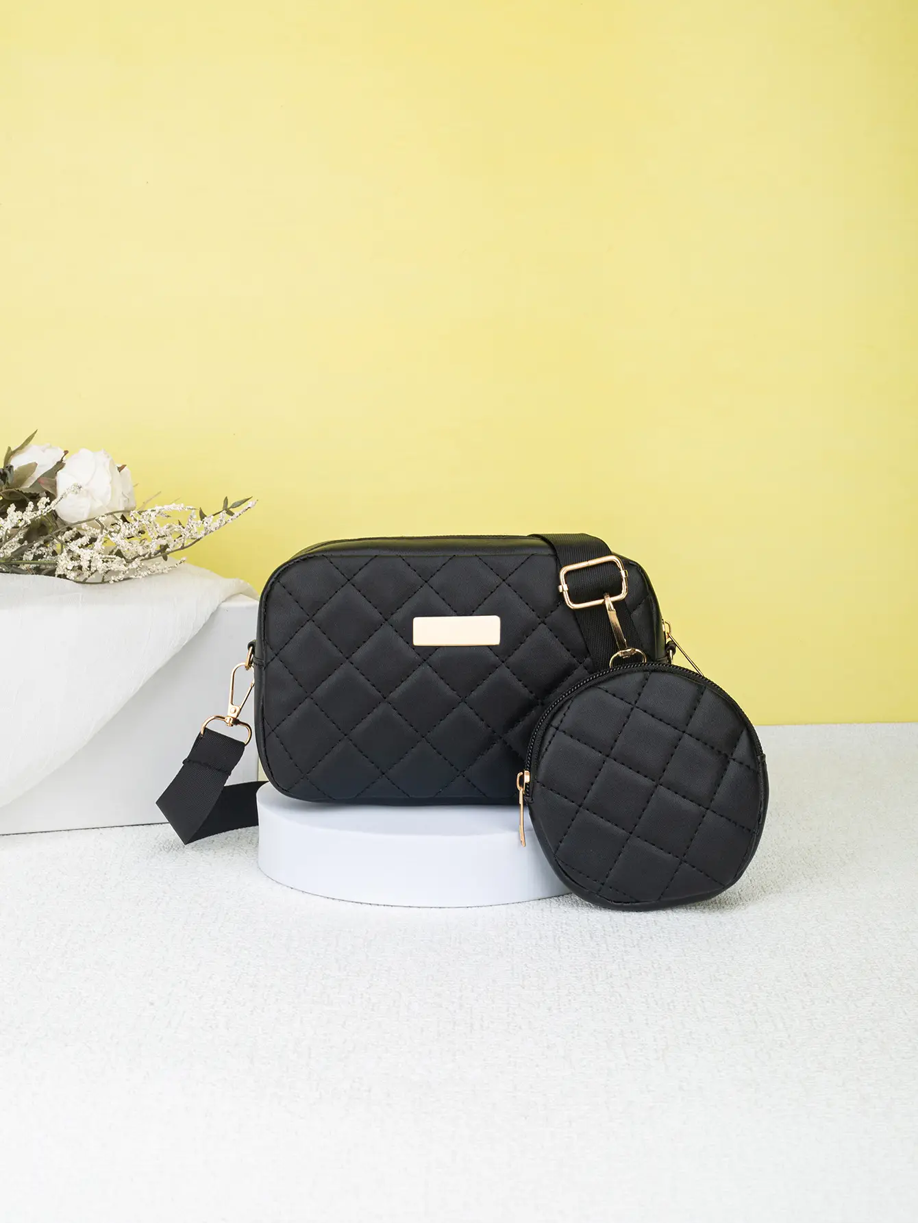 Black Quilted Crossbody Bag with Small Camera Bag Set — feature 2