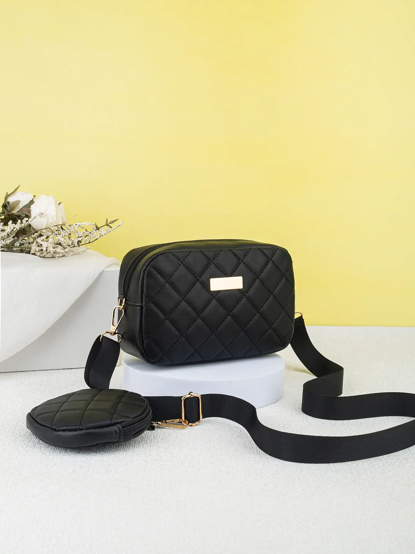 Black Quilted Crossbody Bag with Small Camera Bag Set — feature 3