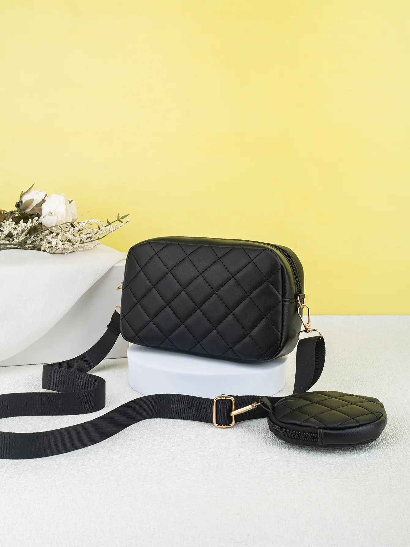Black Quilted Crossbody Bag with Small Camera Bag Set — feature 4