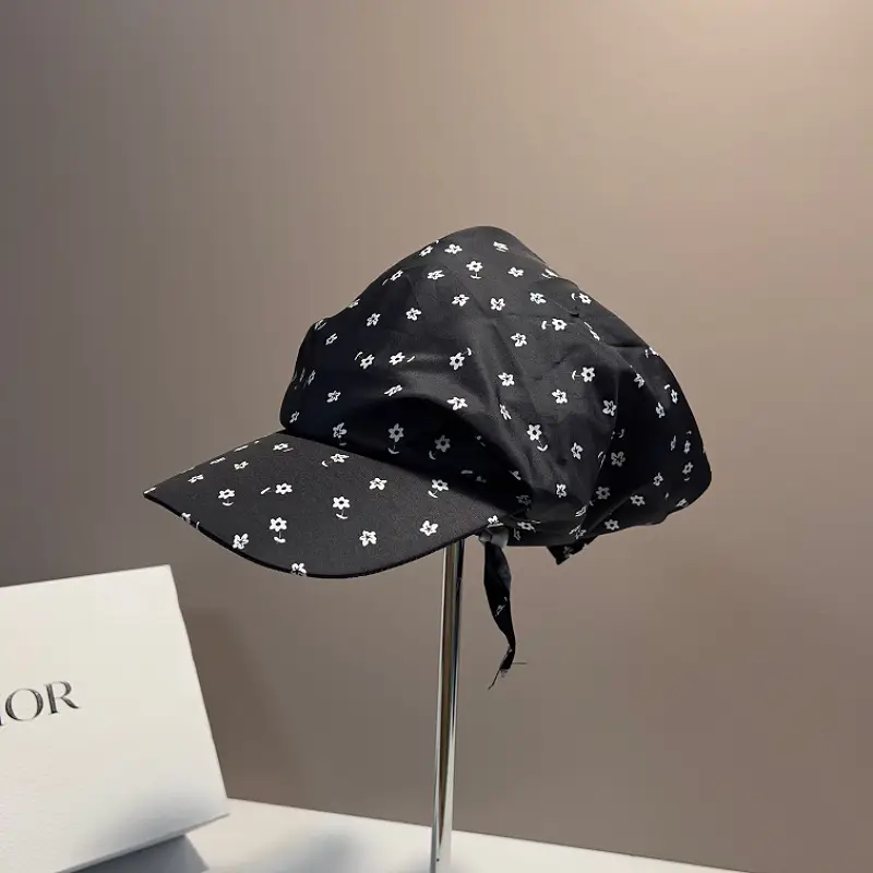 Black Printed Adjustable Sun Hat with Tie