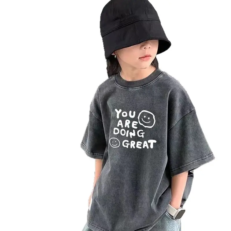 European American Boys Pure Cotton Short Sleeve T-Shirt Washed Vintage Top