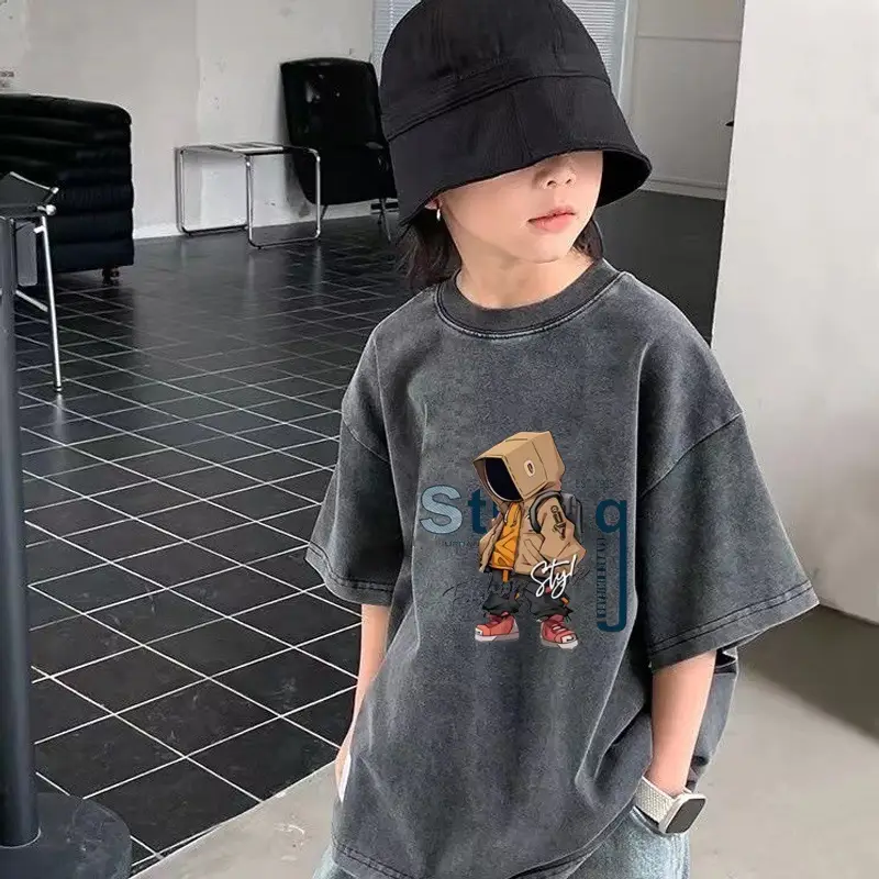 European American Boys Pure Cotton Short Sleeve T-Shirt Washed Vintage Top — feature 1