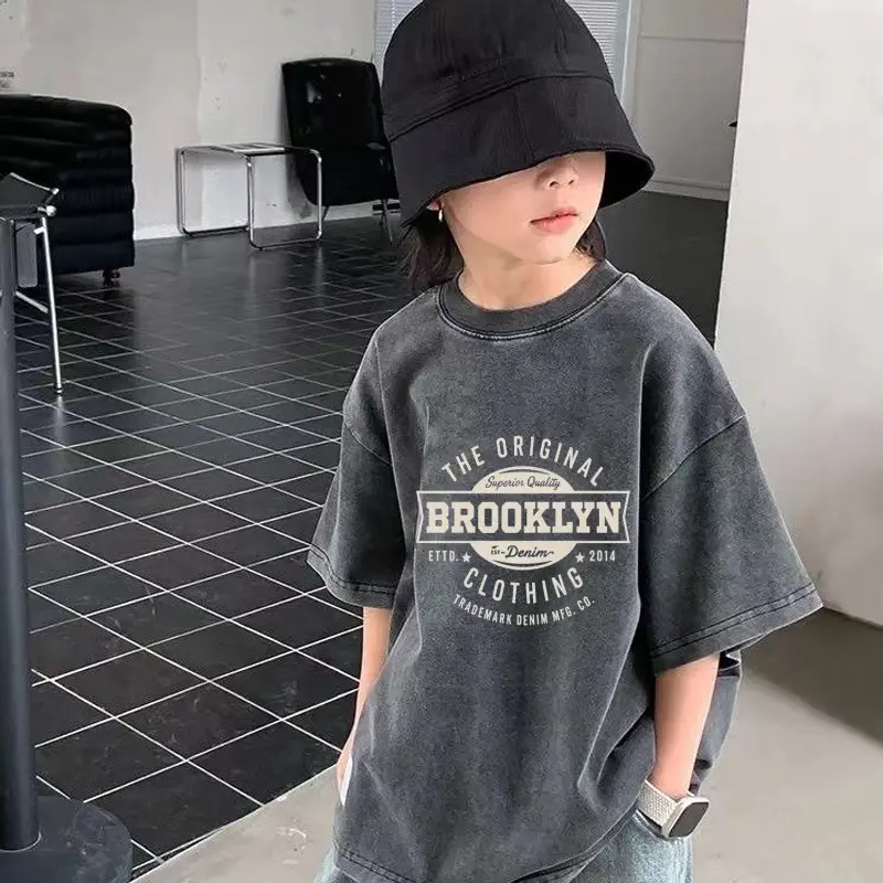European American Boys Pure Cotton Short Sleeve T-Shirt Washed Vintage Top — feature 5