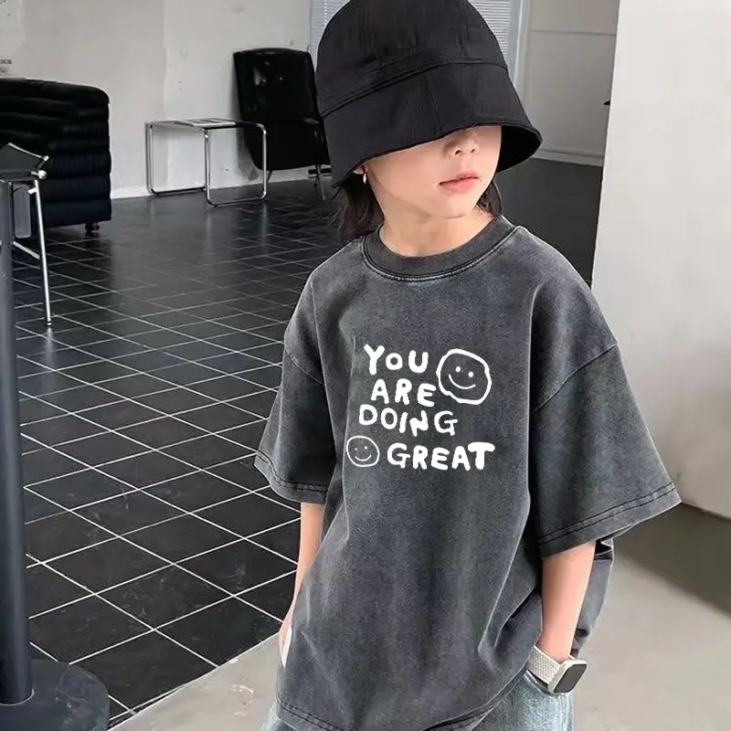European American Boys Pure Cotton Short Sleeve T-Shirt Washed Vintage Top — feature 8