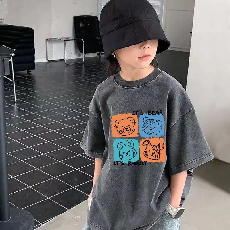 European American Boys Pure Cotton Short Sleeve T-Shirt Washed Vintage Top
