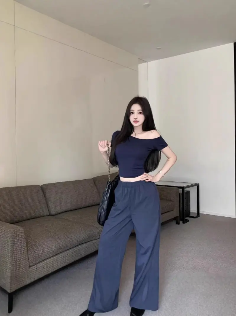 Dark Blue Off-Shoulder Slim T-Shirt for Women