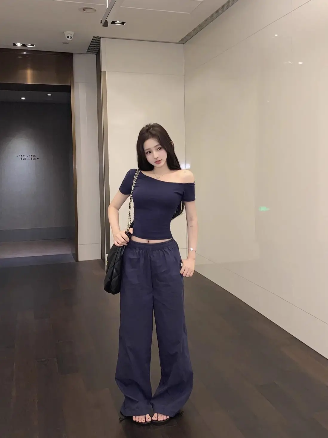 Dark Blue Off-Shoulder Slim T-Shirt for Women