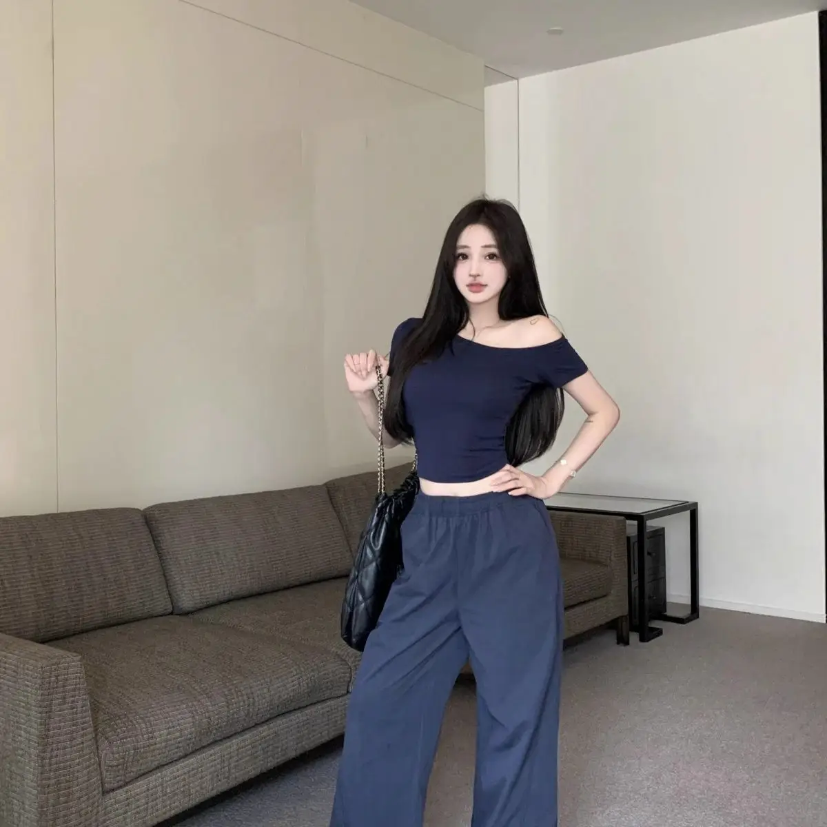 Dark Blue Off-Shoulder Slim T-Shirt for Women — feature 3