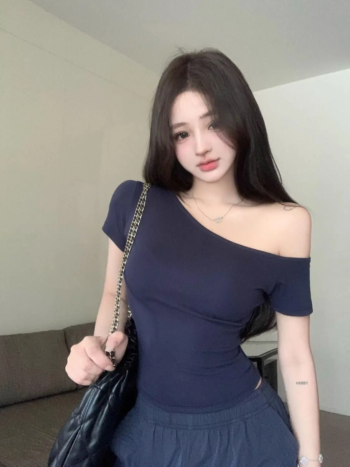 Dark Blue Off-Shoulder Slim T-Shirt for Women — feature 4