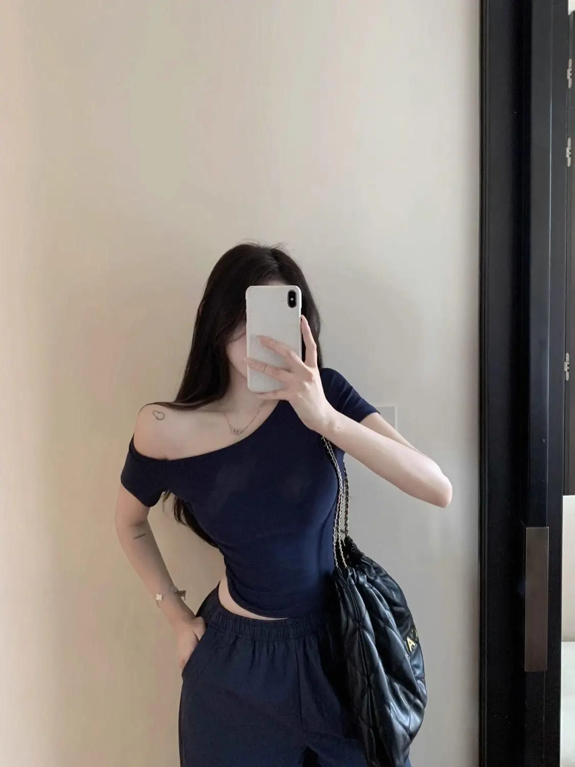 Dark Blue Off-Shoulder Slim T-Shirt for Women — feature 6