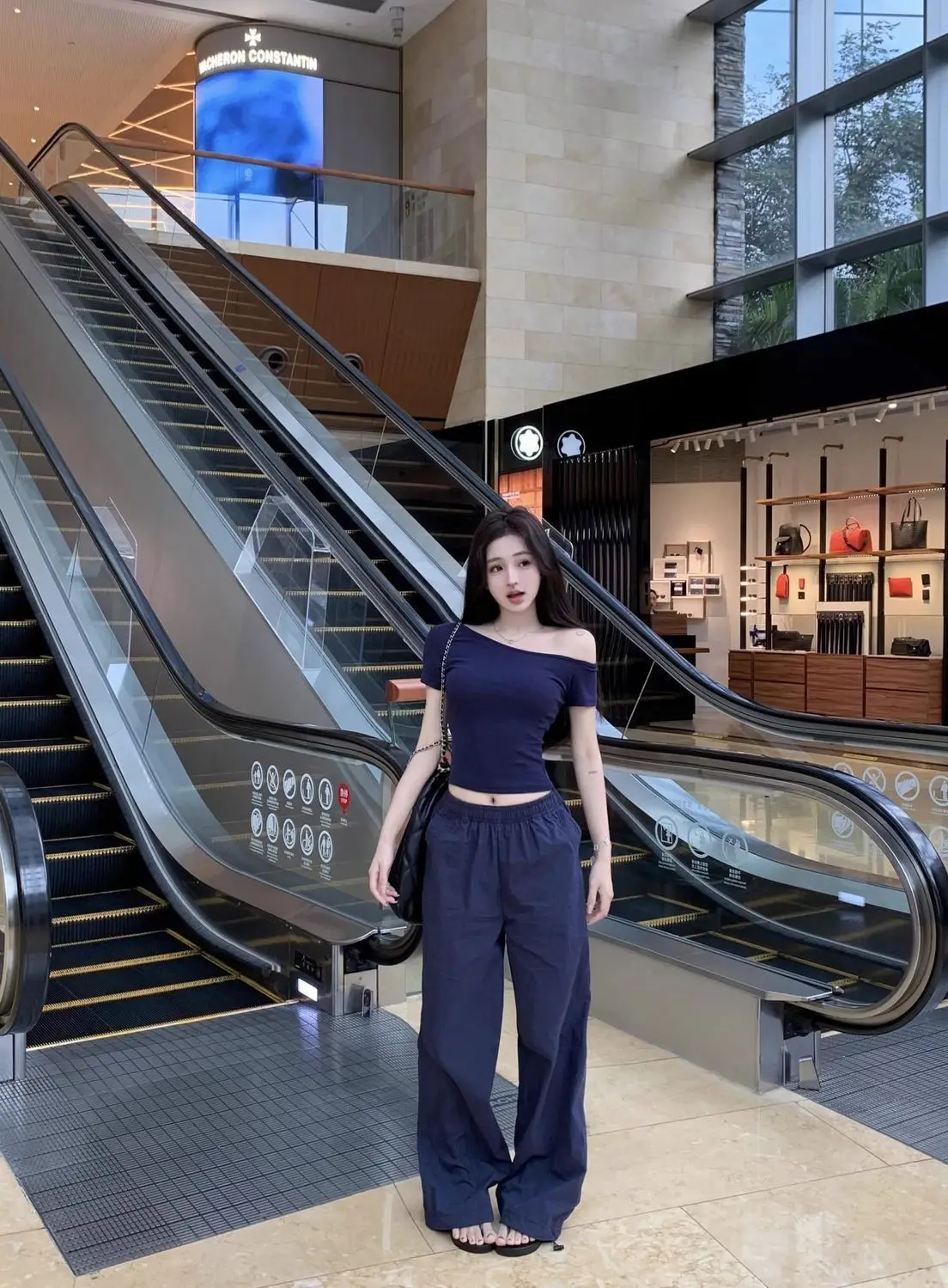 Dark Blue Off-Shoulder Slim T-Shirt for Women — feature 7