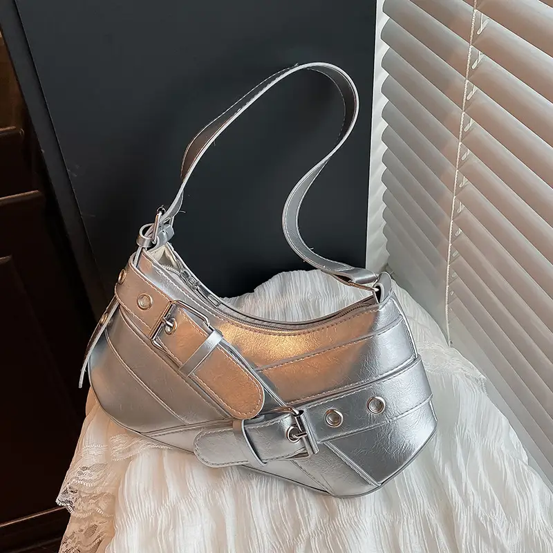 2025 Women's Silver Leather Shoulder Bag with Crossbody Strap - Image 5