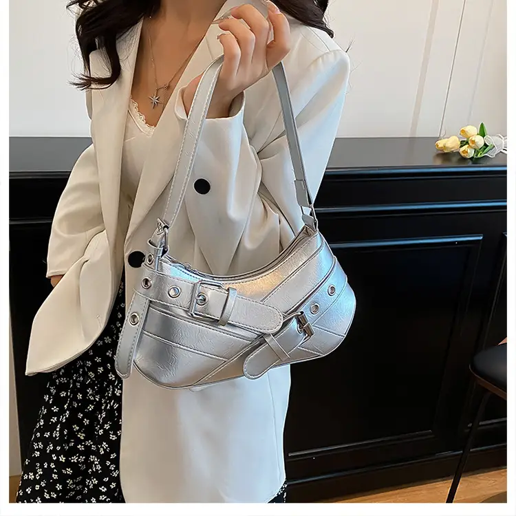 2025 Women's Silver Leather Shoulder Bag with Crossbody Strap — feature 16