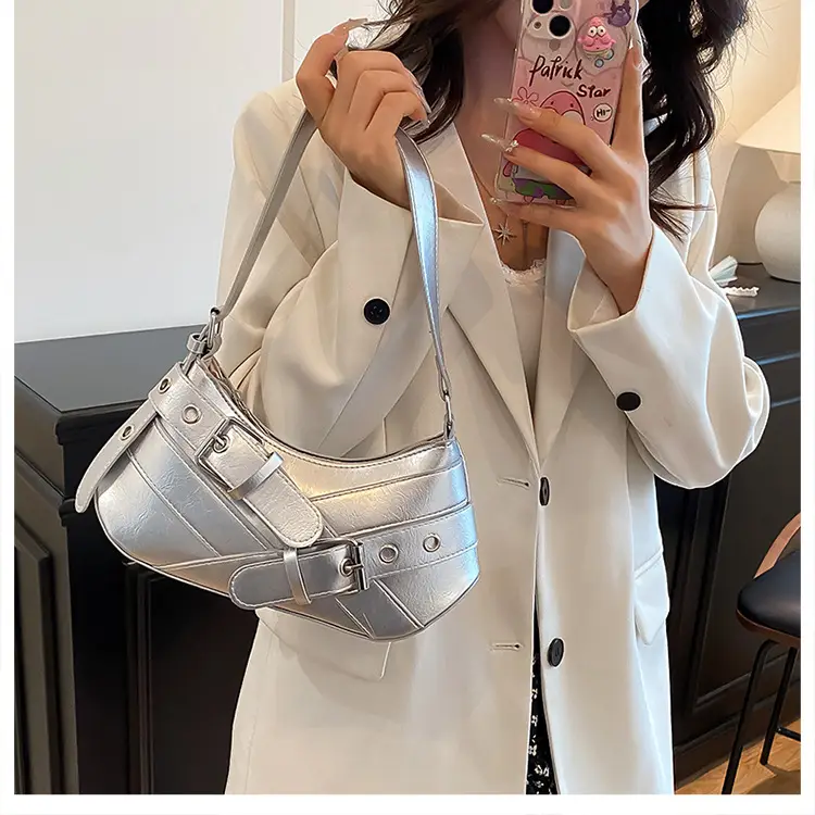 2025 Women's Silver Leather Shoulder Bag with Crossbody Strap — feature 18