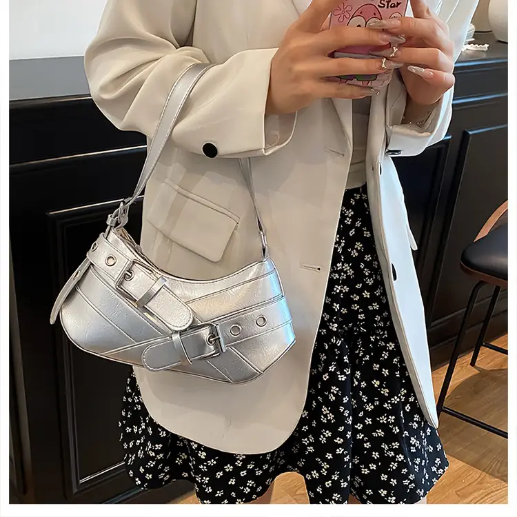 2025 Women's Silver Leather Shoulder Bag with Crossbody Strap — feature 19