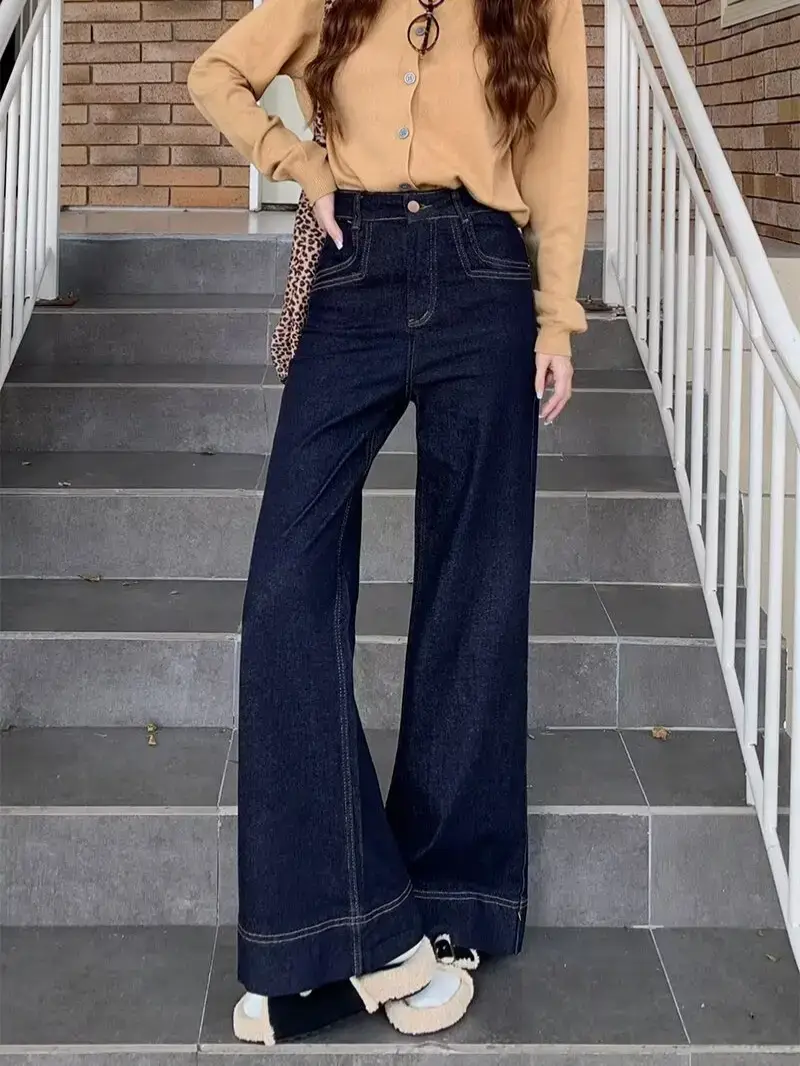 Dark Blue Flared Wide Leg Jeans for Women