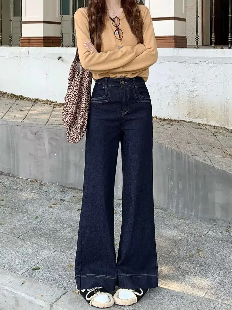 Dark Blue Flared Wide Leg Jeans for Women