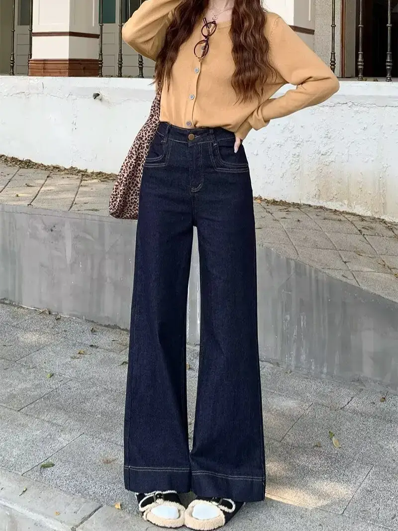 Dark Blue Flared Wide Leg Jeans for Women