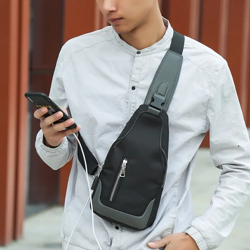 USB Men's Crossbody Bag Grey Lightweight Multi-Functional - Image 5