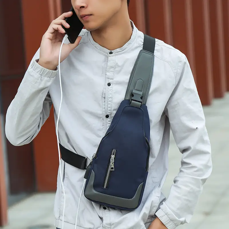 USB Men's Crossbody Bag Grey Lightweight Multi-Functional - Image 6