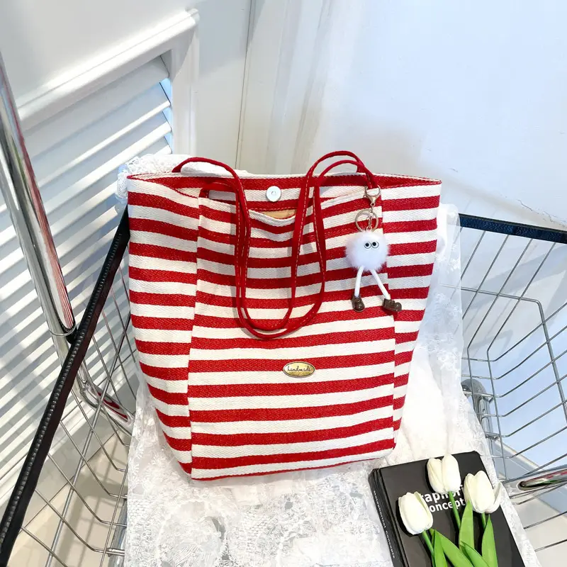 Green Striped One-Shoulder Casual Tote Bag - Image 12