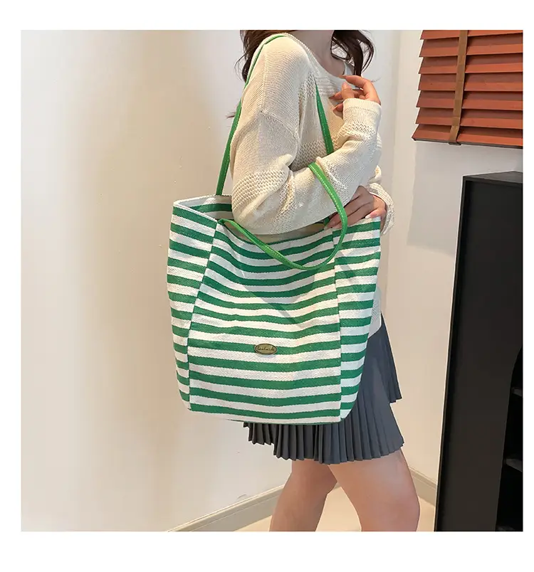 Green Striped One-Shoulder Casual Tote Bag — feature 13