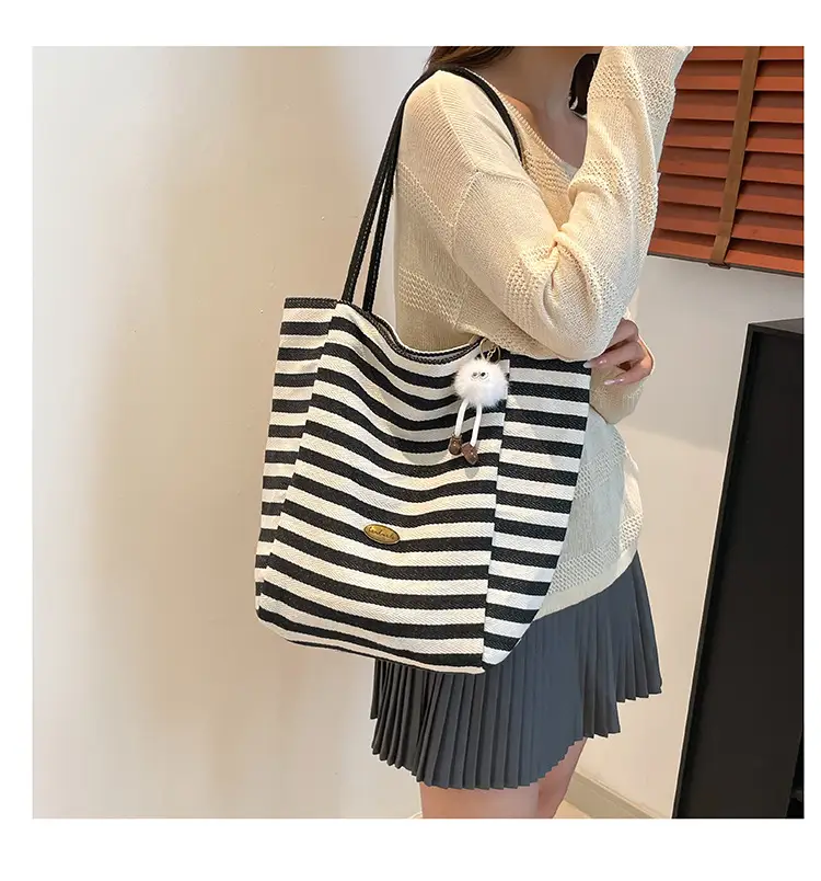 Green Striped One-Shoulder Casual Tote Bag — feature 14