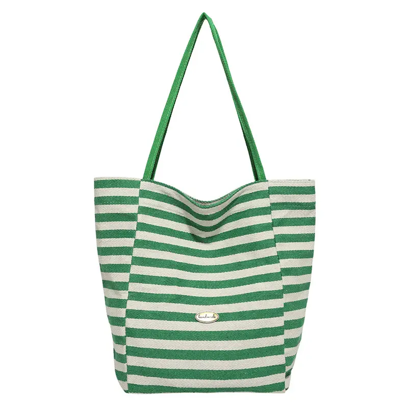 Green Striped One-Shoulder Casual Tote Bag - Image 4