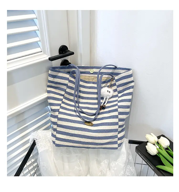 Green Striped One-Shoulder Casual Tote Bag - Image 6