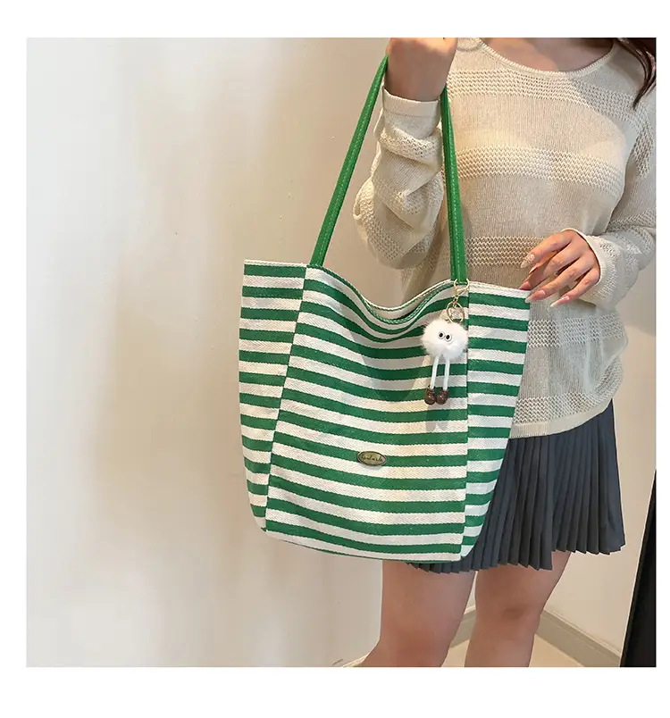 Green Striped One-Shoulder Casual Tote Bag - Image 8