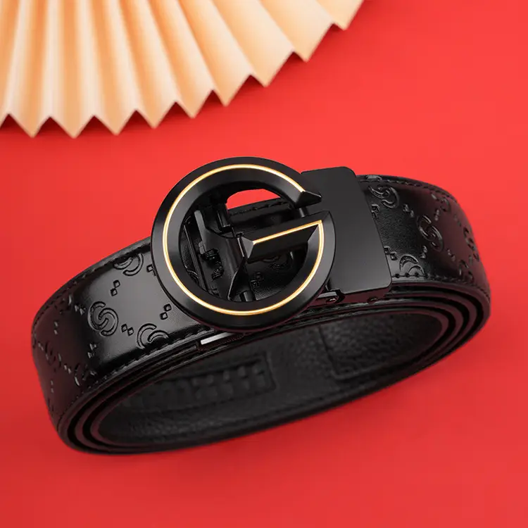 Men's Black Leather Belt with Guitard Logo — feature 1