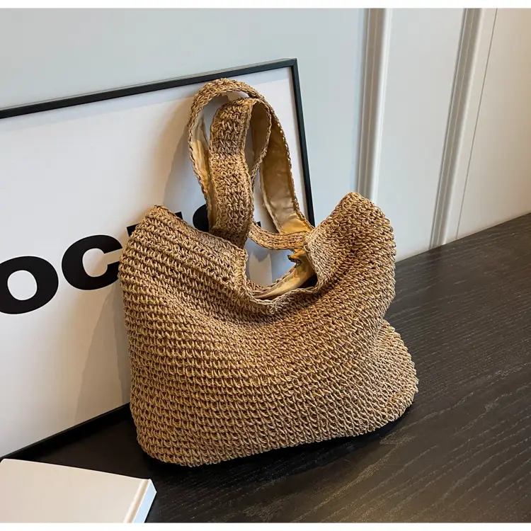 Korean Straw Shoulder Bag with Zipper Closure — feature 16
