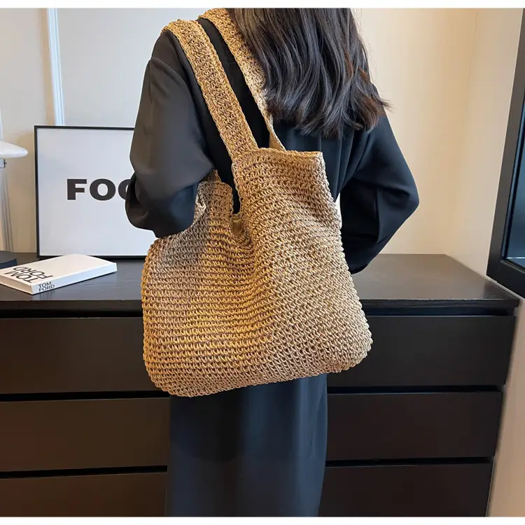 Korean Straw Shoulder Bag with Zipper Closure — feature 19