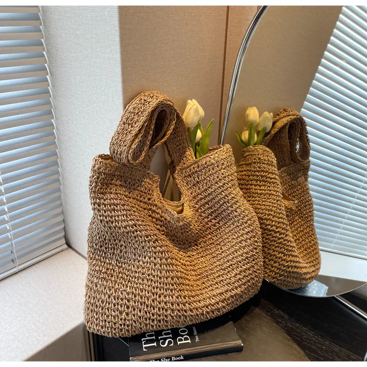 Korean Straw Shoulder Bag with Zipper Closure — feature 20