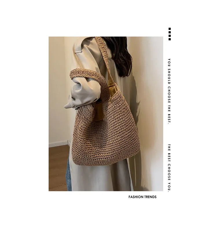 Korean Straw Shoulder Bag with Zipper Closure — feature 5
