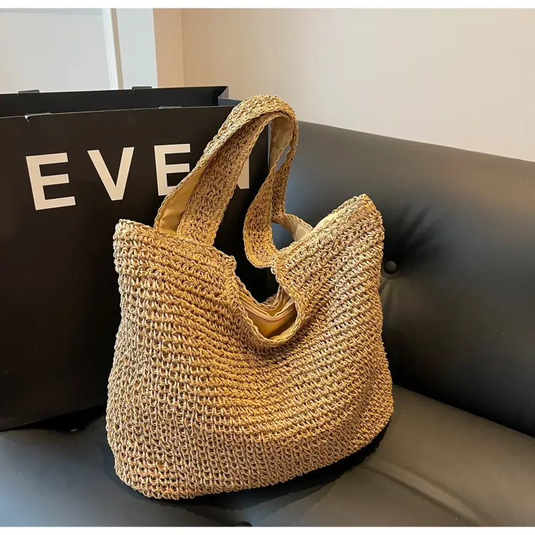 Korean Straw Shoulder Bag with Zipper Closure — feature 6