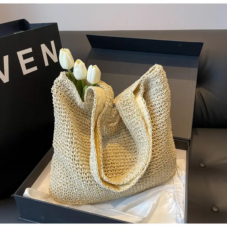 Korean Straw Shoulder Bag with Zipper Closure — feature 7