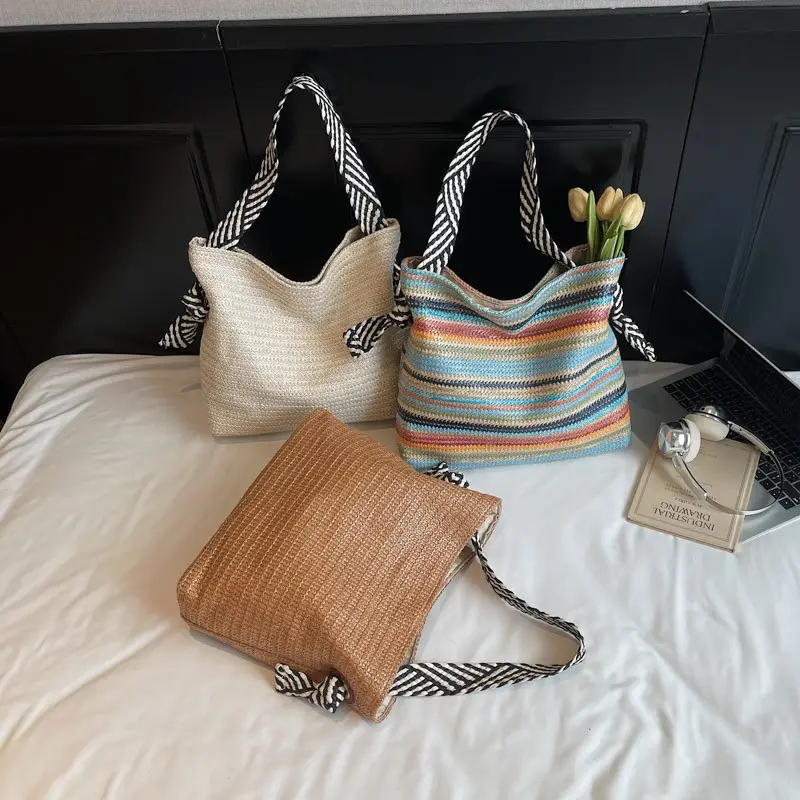 Rainbow Straw Commuting Tote Bag Large Capacity - Image 5