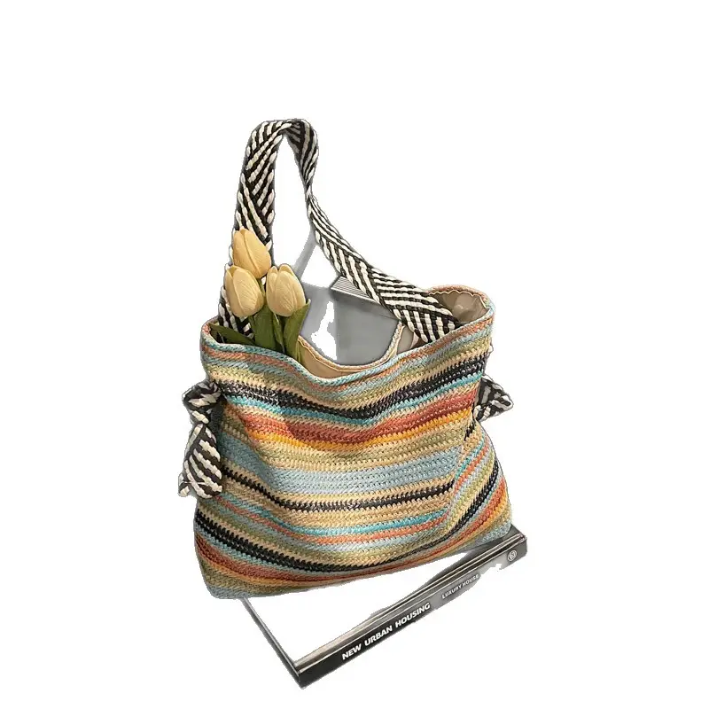 Rainbow Straw Commuting Tote Bag Large Capacity - Image 8