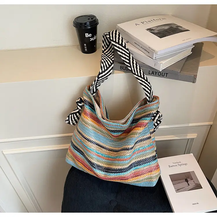 Rainbow Straw Commuting Tote Bag Large Capacity — feature 15