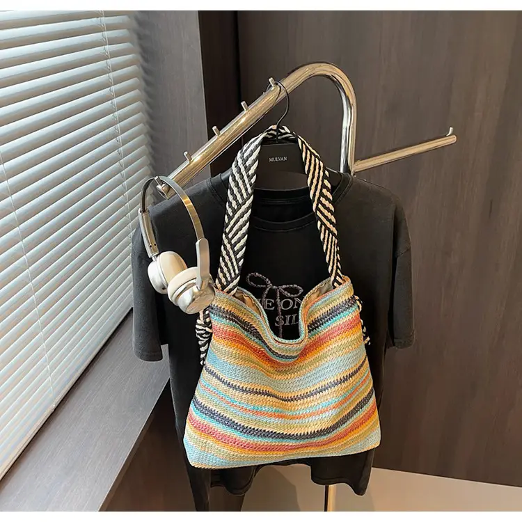 Rainbow Straw Commuting Tote Bag Large Capacity — feature 22