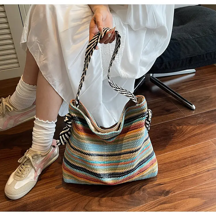 Rainbow Straw Commuting Tote Bag Large Capacity — feature 9